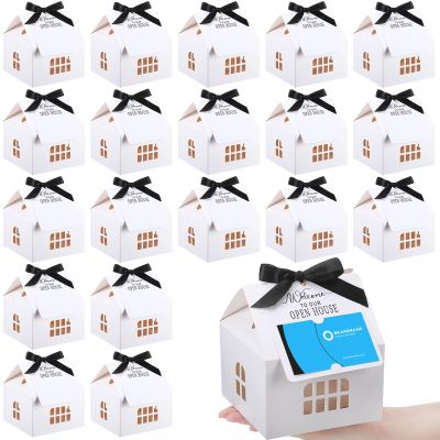 Affrolling 25 Sets Open House Supplies Real Estate Agent Gifts for Clients House Shaped Gift Boxes with Greeting Cards for Real Estate Agent Favors Marketing Supplies (White)