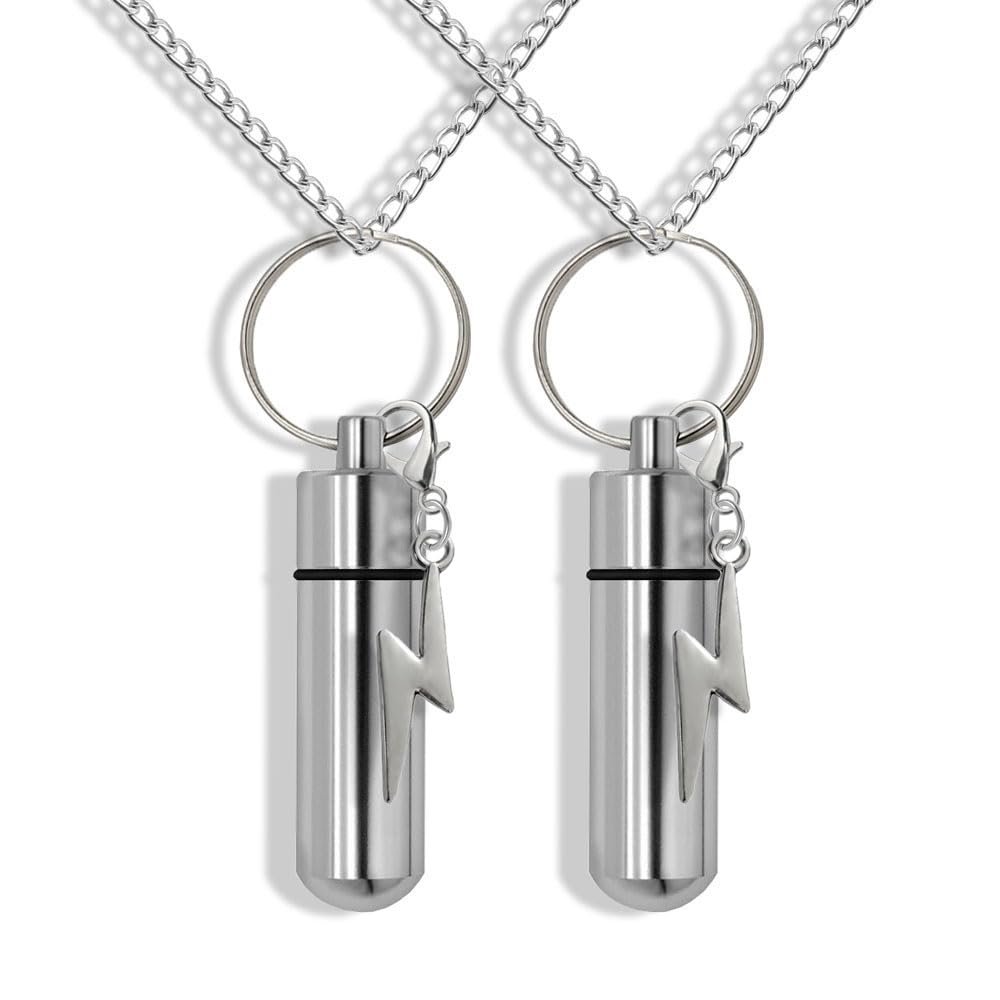Set of 2 Silver Cremation Urn&Vial on 24"-Chain Necklace with Lightning,Memorial Urn,Lightning Cremation Necklace