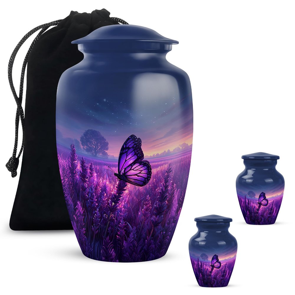 Purple Butterfly Urn for Human Ashes Adult for Burial, Urns for Human Ashes Adult Female, Small Keepsake Cremation Urns for Human Ash, Urn for Human Ash,(Size - 10 Inch & 3 Inch Set of 3)