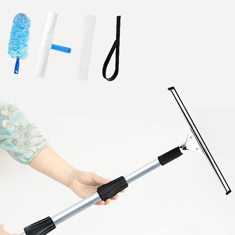 EXCLURA Car Window Squeegee with Extension Pole, Window Washer & Duster & Window Cleaning Kit, Multi-Use Shower Squeegee for Floor, Window Cleaner Tool(1.2-2m(3.9-6.6ft))