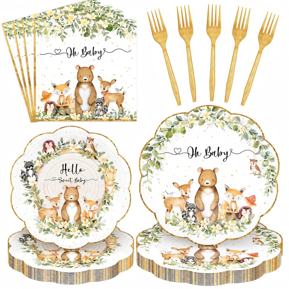 96 Pieces Oh Baby Woodland Baby Shower Tableware Set Scalloped Forest Animal Disposable Dinnerware with Paper Plates, Napkins and Forks Gender Neutral Baby Shower and Birthday Party for 24 Guests