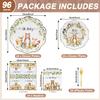 96 Pieces Oh Baby Woodland Baby Shower Tableware Set Scalloped Forest Animal Disposable Dinnerware with Paper Plates, Napkins and Forks Gender Neutral Baby Shower and Birthday Party for 24 Guests view 2