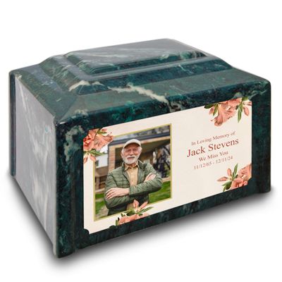GetUrns Devotion Adult Photo Cremation Urn for Human Ashes I Cultured Marble Emerald Flower Urns for Male and Female I 200lbs