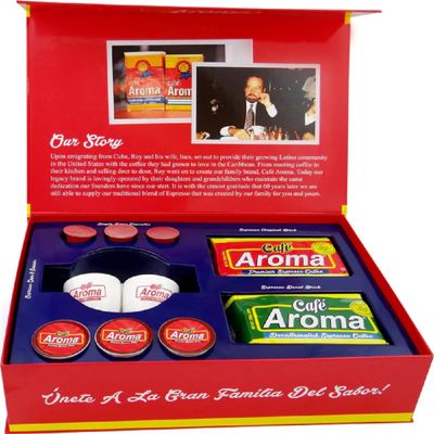 Caf Aroma Gift Box Premium Coffee Sampler with Espresso & Decaf Brick Packs, 3 Capsules, 3 Pods, and 2 Espresso Cups with Saucers 5 lb