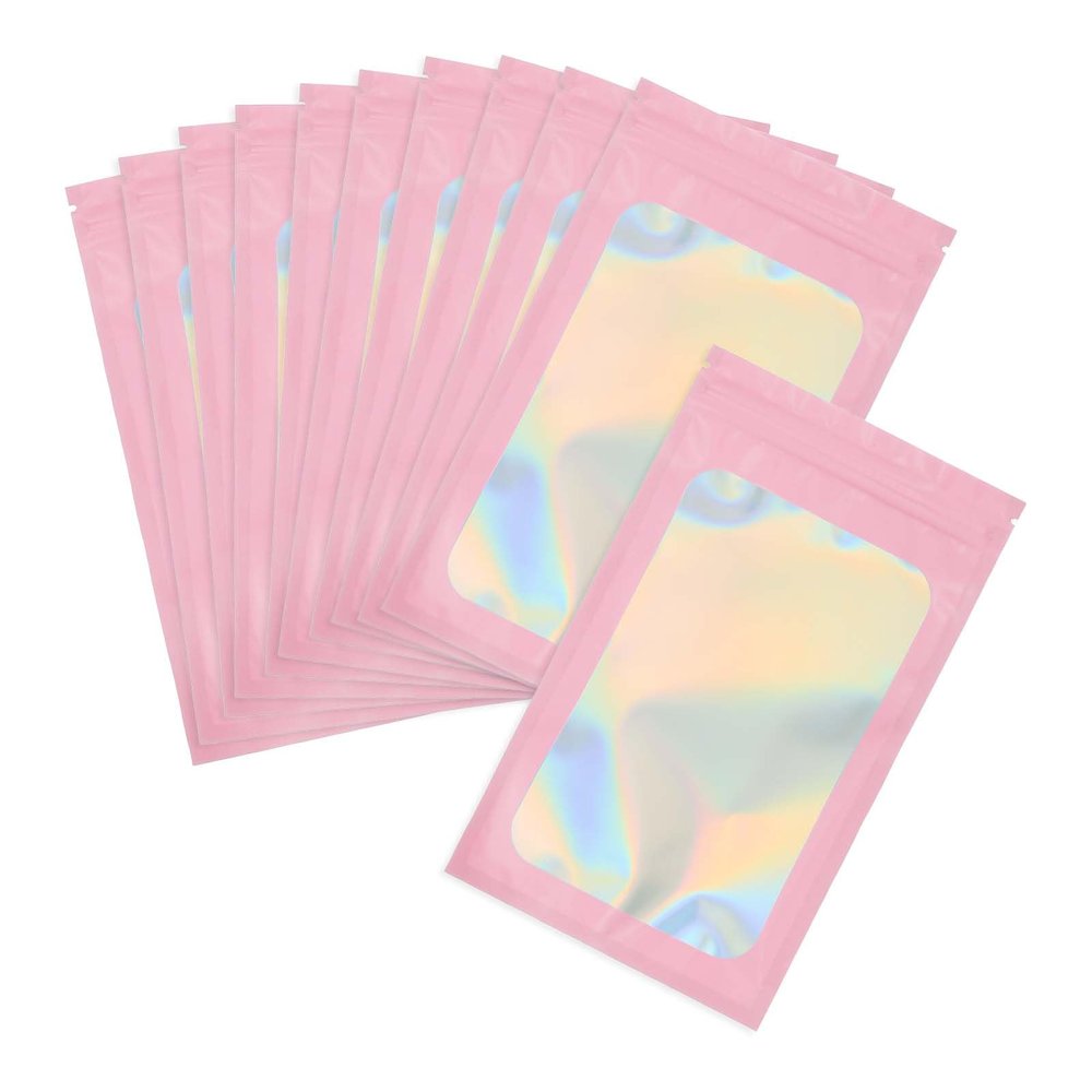 PATIKIL 5 x 8 Inch Holographic Packaging Bags, 50 Pcs Clear Window Resealable Food Storage Smell Proof Foil Pouch Bag for Small Business Party Favor Candy Jewelry, Pink