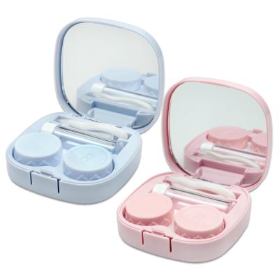 2-Pack Travel Contact Lens Cases Pink & Blue Colored Kits with Mirror, Solution Bottle, Applicator & Remover Tools