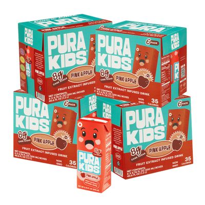 PURA Kids Box | Pink Apple Fruit extract infused Drink for kids | 8g Pure Cane Sugar | Non-GMO | Vegan, No Artificial Sweeteners | Best Lunchbox Beverage with Paper Straw | 6.76 fl oz (200ml), Pack of 24