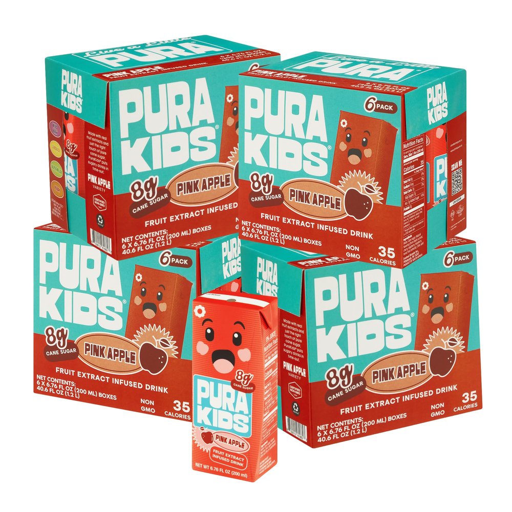 PURA Kids Box | Pink Apple Fruit extract infused Drink for kids | 8g Pure Cane Sugar | Non-GMO | Vegan, No Artificial Sweeteners | Best Lunchbox Beverage with Paper Straw | 6.76 fl oz (200ml), Pack of 24
