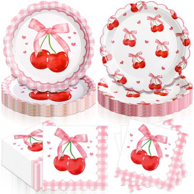 Funnymoom 96 Pcs Pink Bow Cherry Tableware Set for 48 Guests Include 48 Pcs 7 Inch Dessert Plates and 48 Pcs Napkins Watercolor Disposable Dinnerware for Birthday Holiday Party Supplies