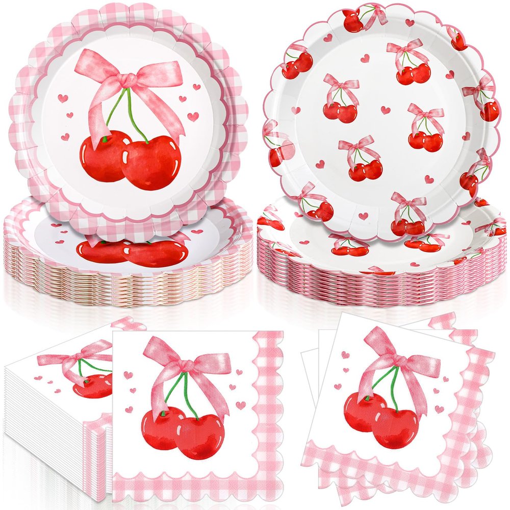 Funnymoom 96 Pcs Pink Bow Cherry Tableware Set for 48 Guests Include 48 Pcs 7 Inch Dessert Plates and 48 Pcs Napkins Watercolor Disposable Dinnerware for Birthday Holiday Party Supplies