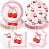 Funnymoom 96 Pcs Pink Bow Cherry Tableware Set for 48 Guests Include 48 Pcs 7 Inch Dessert Plates and 48 Pcs Napkins Watercolor Disposable Dinnerware for Birthday Holiday Party Supplies view 1