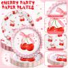 Funnymoom 96 Pcs Pink Bow Cherry Tableware Set for 48 Guests Include 48 Pcs 7 Inch Dessert Plates and 48 Pcs Napkins Watercolor Disposable Dinnerware for Birthday Holiday Party Supplies view 4