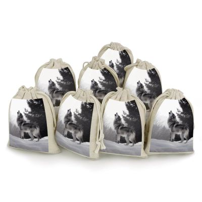 LLUTSNTH Muslin Bags Drawstring Bag Jewelry Pouch Howling Wolf Drawstring Pouch Gift Pouches Reusable Sachet Bag Cloth Bags for Party Wedding Home Storage Natural Color 8pcs