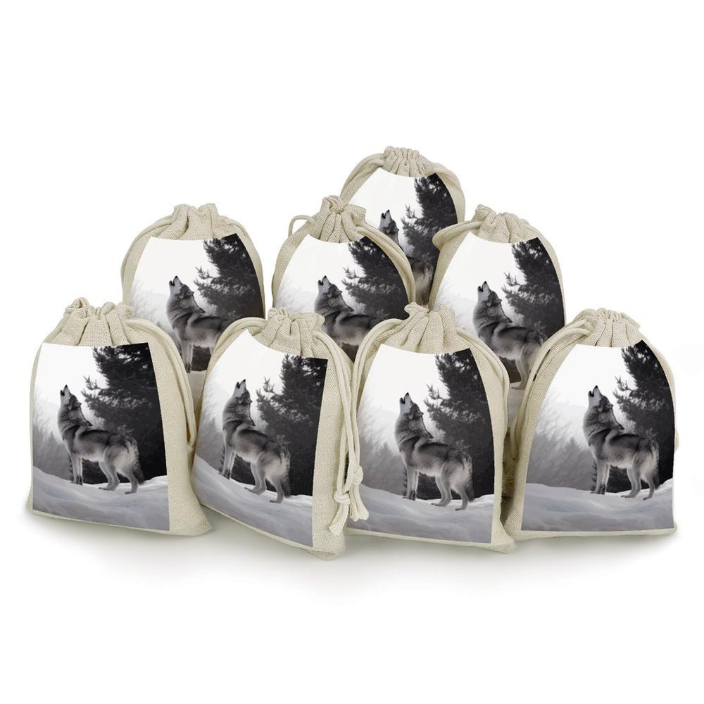 LLUTSNTH Muslin Bags Drawstring Bag Jewelry Pouch Howling Wolf Drawstring Pouch Gift Pouches Reusable Sachet Bag Cloth Bags for Party Wedding Home Storage Natural Color 8pcs