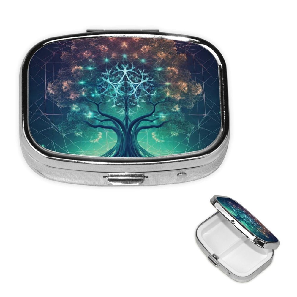 Pill Case with Mirror Retro 2 Compartment Pill Box Digital Futuristic Tree of Life Icon with Space Small Pill Organizer for Purse or Pocket Decorative Metal Medicine Vitamin Organizer Unique Gifts
