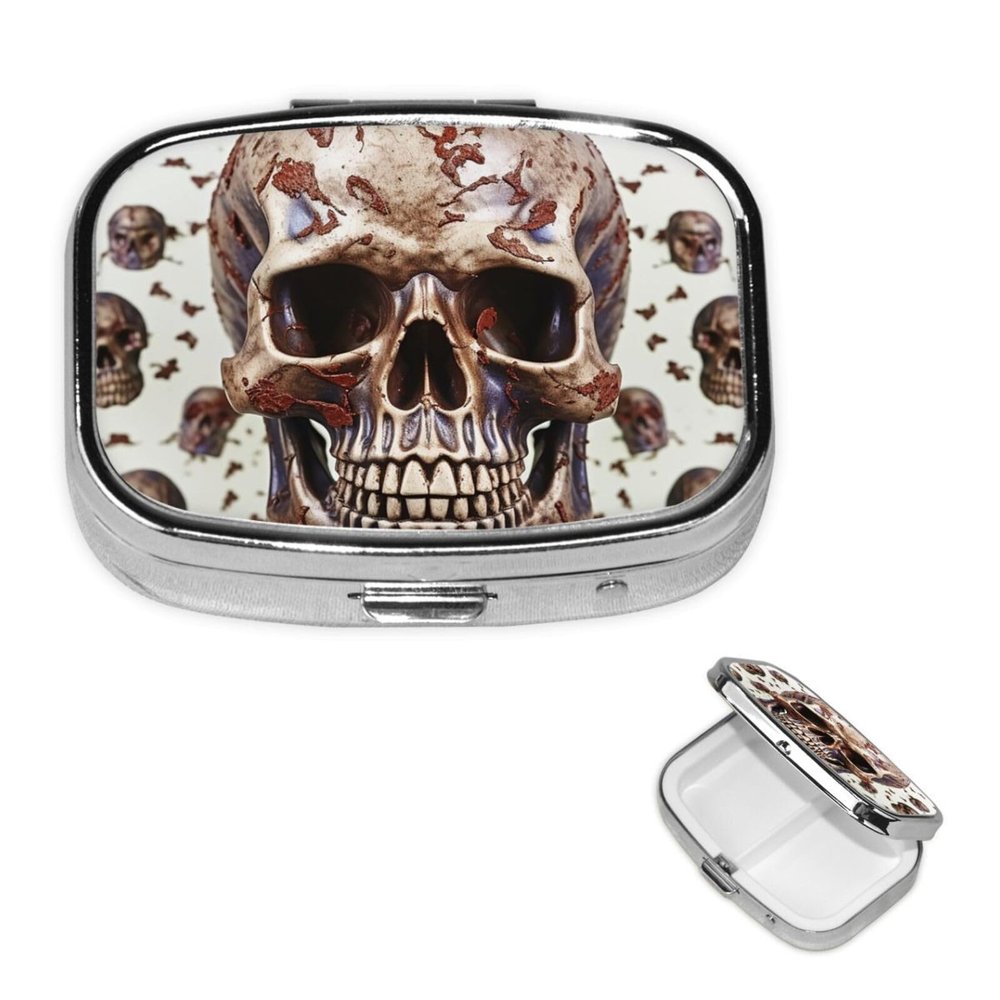 Pill Case with Mirror Retro 2 Compartment Pill Box Skull on White Background Small Pill Organizer for Purse or Pocket Decorative Metal Medicine Vitamin Organizer Unique Gifts