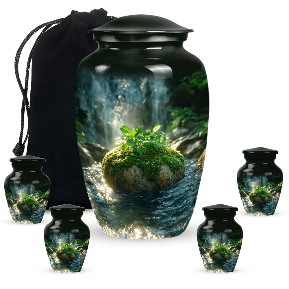Forest Waterfall Urns for Human Ashes, Urns Set of 5, 10 Inch + 4 Keepsakes