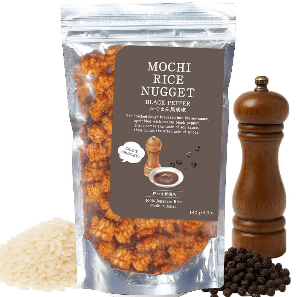 Mochi Rice Nuggets Japanese Rice Crackers, Rice Crispy Treats, Japanese Snacks, No MSG, No Artificial Colors or Preservatives, Made in Japan, arare rice crackers, Beer snacks, Black pepper flavor 4.9oz (140g)