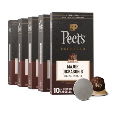 Peet's Coffee, Dark Roast Espresso Capsules, Compatible with Nespresso Original Machines, 100% Arabica Coffee - Major Dickason's Blend Intensity 11, 50 Count (5 Boxes of 10 Espresso Capsules)