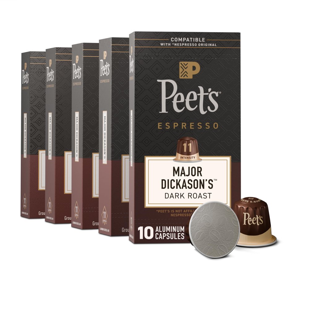 Peet's Coffee, Dark Roast Espresso Capsules, Compatible with Nespresso Original Machines, 100% Arabica Coffee - Major Dickason's Blend Intensity 11, 50 Count (5 Boxes of 10 Espresso Capsules)
