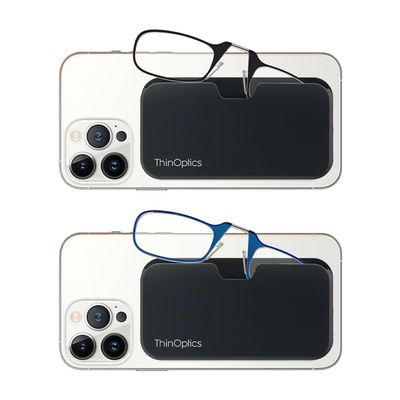 Always With You by ThinOptics 2-Pack Readers with Pod Case - Armless On-Nose Reading Glasses - Slim Case Attaches to Phone - Black, Blue 2.50x