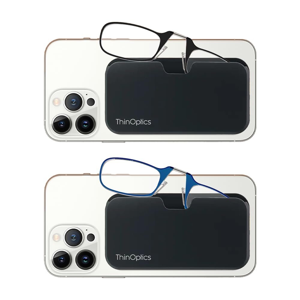 Always With You by ThinOptics 2-Pack Readers with Pod Case - Armless On-Nose Reading Glasses - Slim Case Attaches to Phone - Black, Blue 2.50x