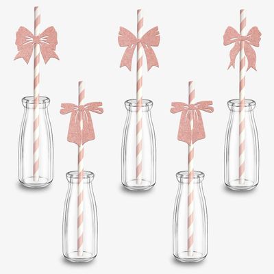 24Pcs Bow Bridal Shower Disposable Straw - Bow Birthday Paper Straws - Bowknot Party Decoration Rose Gold Glitter