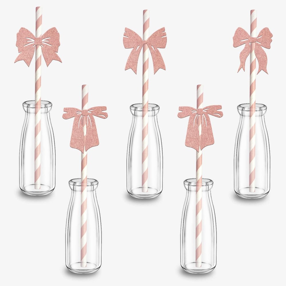 24Pcs Bow Bridal Shower Disposable Straw - Bow Birthday Paper Straws - Bowknot Party Decoration Rose Gold Glitter