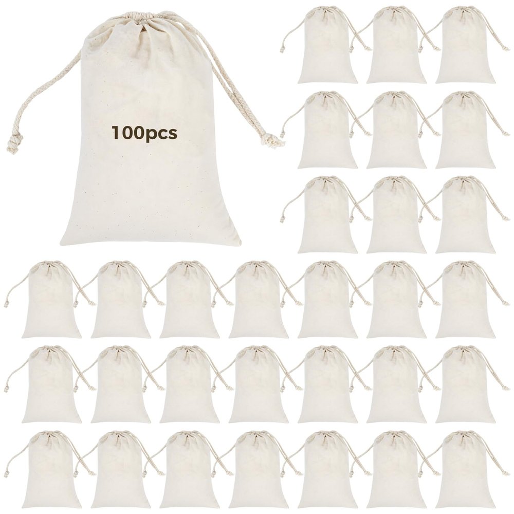 100 Pieces Reusable Muslin Drawstring Bags, 4 X 6 in Cotton Pouches for Storage, Gift Wrapping, and Crafts