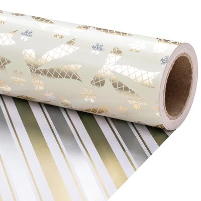 RUSPEPA Christmas Reversible Wrapping Paper Roll for Girls, Mini Roll, Gold Foil Bow and Snowflake Design, Gold and White Stripes Gift Wrap Paper Ideal for Holiday Gifts, 17 Inches x 32.8 Feet