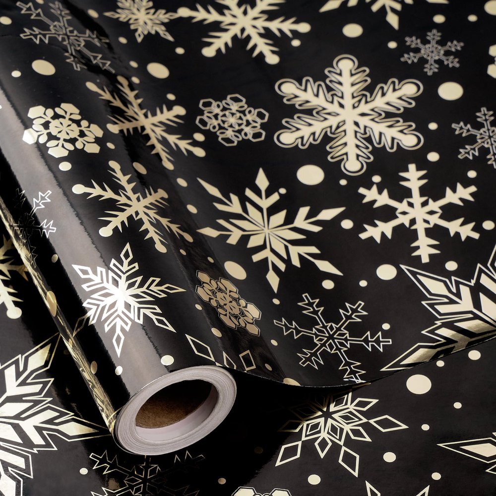 RUSPEPA Gold Foil Snowflake Christmas Wrapping Paper Roll, Mini Roll, Elegant Gold and Black Snowflake Design Gift Wrap Paper, Perfect for Holiday Gifts, Christmas Party, 17 Inches x 32.8 Feet