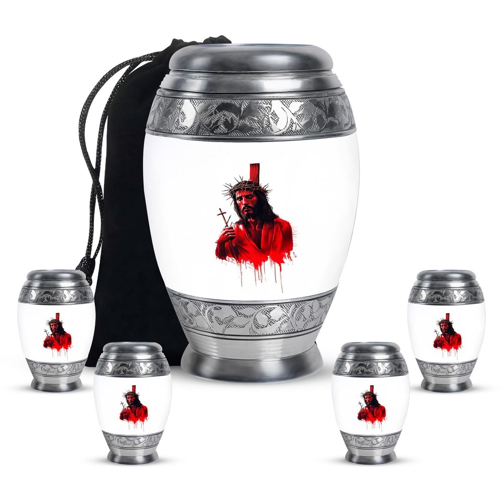KARYLIZ Jesus Urns for Human Ashes Adult Male - Urn for Ash Adult Male Female - Large Cremation Urn for Men & Women - Small Urns for Human Ashes Keepsake (1 Large, 4 Keepsake)