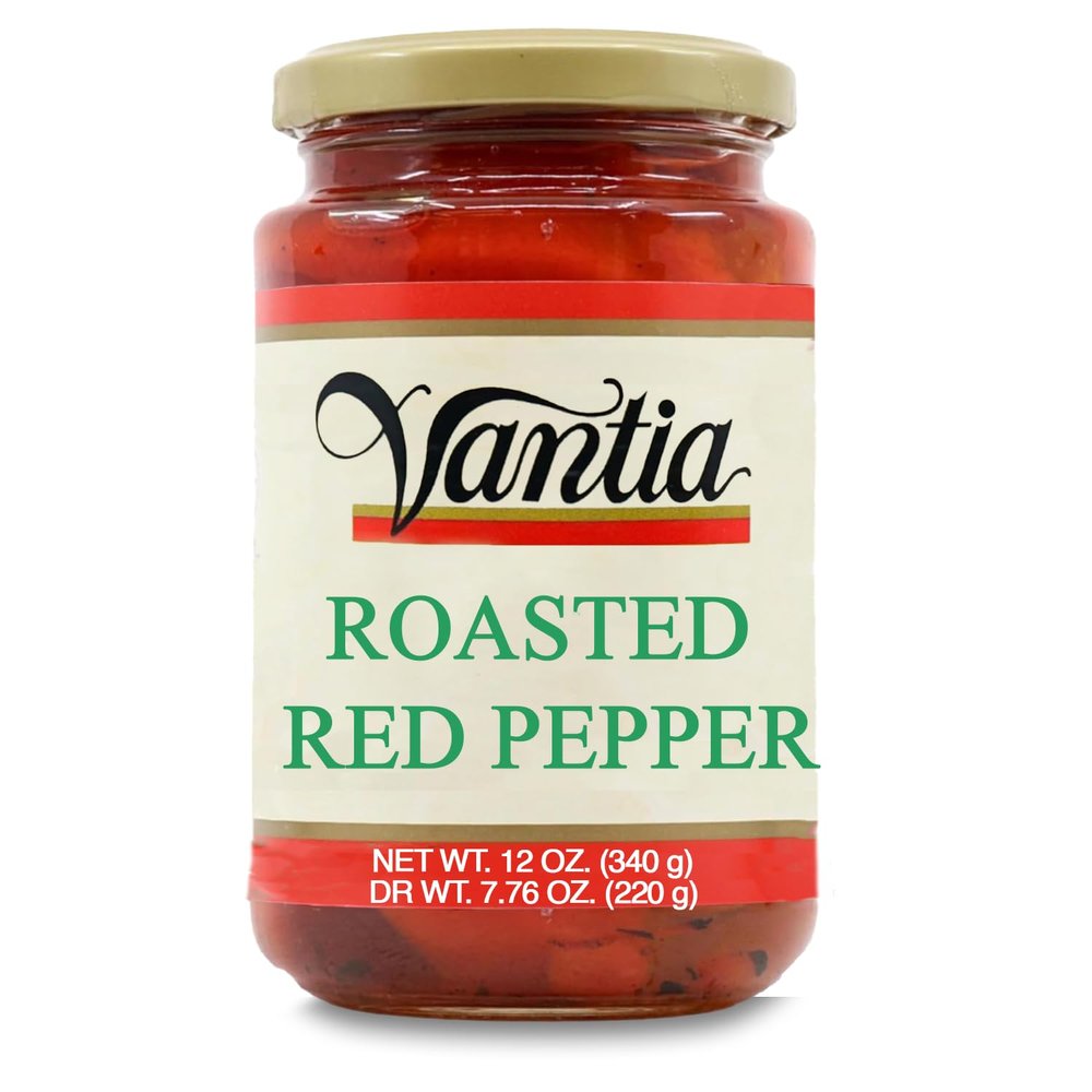 Vantia Roasted Red Peppers 12 oz Jar Fire-Roasted Sweet Peppers in Brine, Tender & Flavorful for Sandwiches, Salads, Antipasto & Mediterranean Cooking