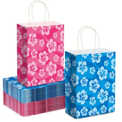 Kolldenn 24 Pcs Cute Cartoon Blue Pink Hibiscus Party Gift Bags Hawaiian Party Favors Paper Goodie Candy Bags with Handles for Hawaiian Tropical Birthday Baby Shower Supplies(Classic)