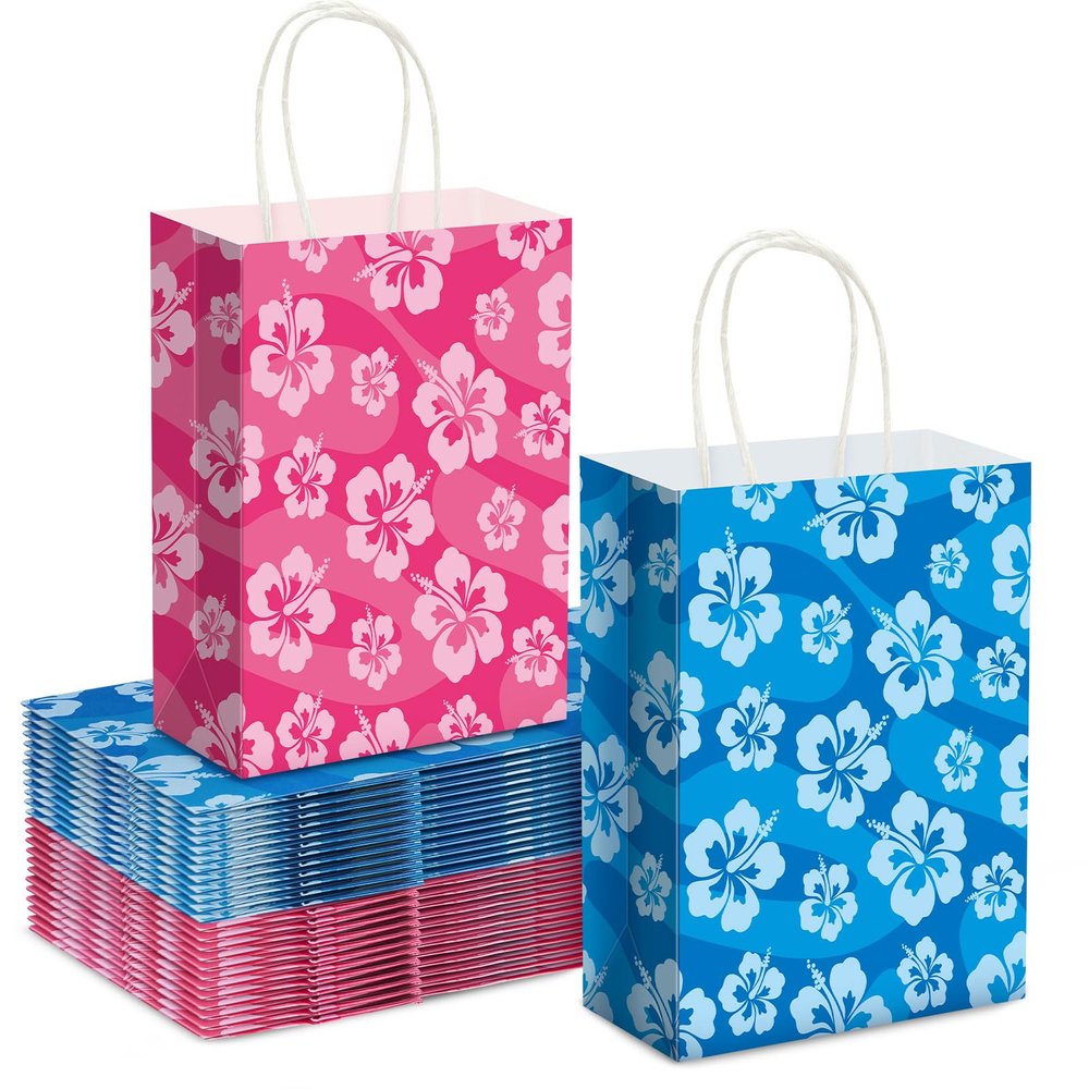 Kolldenn 24 Pcs Cute Cartoon Blue Pink Hibiscus Party Gift Bags Hawaiian Party Favors Paper Goodie Candy Bags with Handles for Hawaiian Tropical Birthday Baby Shower Supplies(Classic)
