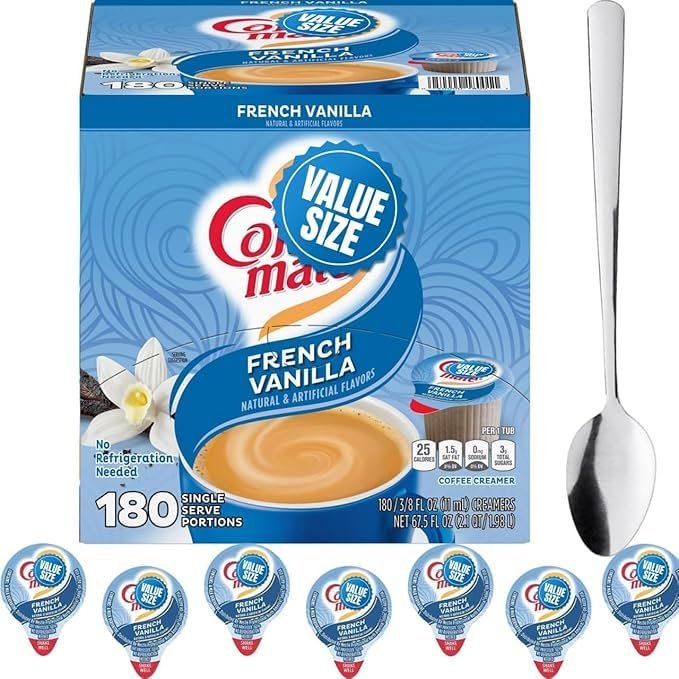 French Vanilla Creamer Singles 180 Non-Dairy Liquid Creamers, No Refrigeration Needed Perfect for Everyday Coffee at Home Great for Entertaining, Gifting, and Kitchen Convenience Includes Bonus Homestuff Mixing Spoon