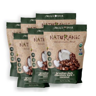 Naturanic Brazilian Dark Chocolate with Crunchy Coconut Chunks - Sugar Free, Keto Friendly, Vegan, All Natural, Organic, Non GMO, Gluten Free - Pack of 6