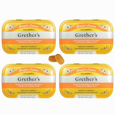 GRETHER'S Sugarfree Ginger Lemon Pastilles Premium Swiss Throat Lozenges for Dry Mouth & Throat Comfort Citrus-Fresh Flavor Gluten & Lactose Free Gift for Singers 3.75 oz, 4 Pack