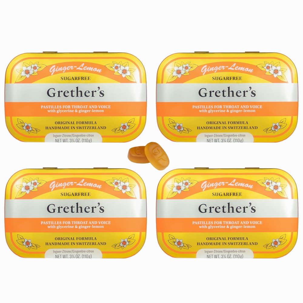 GRETHER'S Sugarfree Ginger Lemon Pastilles Premium Swiss Throat Lozenges for Dry Mouth & Throat Comfort Citrus-Fresh Flavor Gluten & Lactose Free Gift for Singers 3.75 oz, 4 Pack