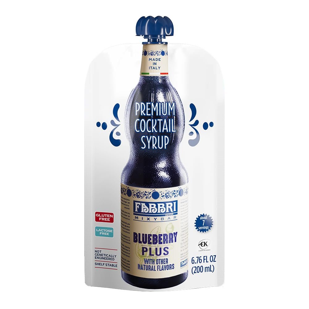 Fabbri Premium Italian Fruit Syrup, Blueberry, Natural Ingredients, Non-GMO, Gluten Free, ideal for Cocktails, Mocktails, Smoothies & Sodas, Made in Italy, squeezable pouch of 6.76 fl oz (200ml)