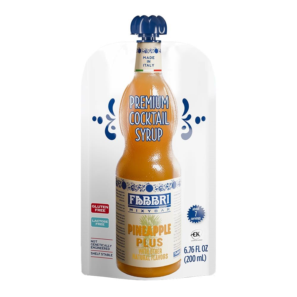 Fabbri Premium Italian Fruit Syrup, Pineapple, Natural Ingredients, Non-GMO, Gluten Free, ideal for Cocktails, Mocktails, Smoothies & Sodas, Made in Italy, squeezable pouch of 6.76 fl oz (200ml)