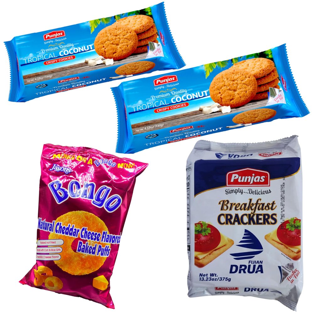 Family Combo - Tropical Coconut Cookies, Bongo Cheese Puffs, Drua Edition Crackers (Value Pack of 4) Favorite Goodness Pacific Islanders, With Love From FIJI