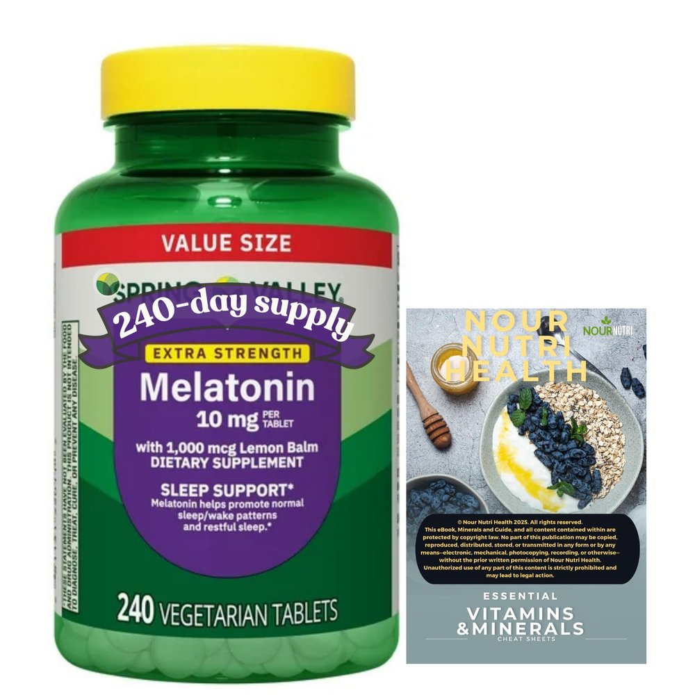 1 Pack of Extra Strength SPR -ing Valle Sleep Support Melatonin, Tablets Dietary Supplement Value Size, 10 mg, 240 Count, 1 Bottle, + Bonus nnh Sticker Vitamin Guide Included