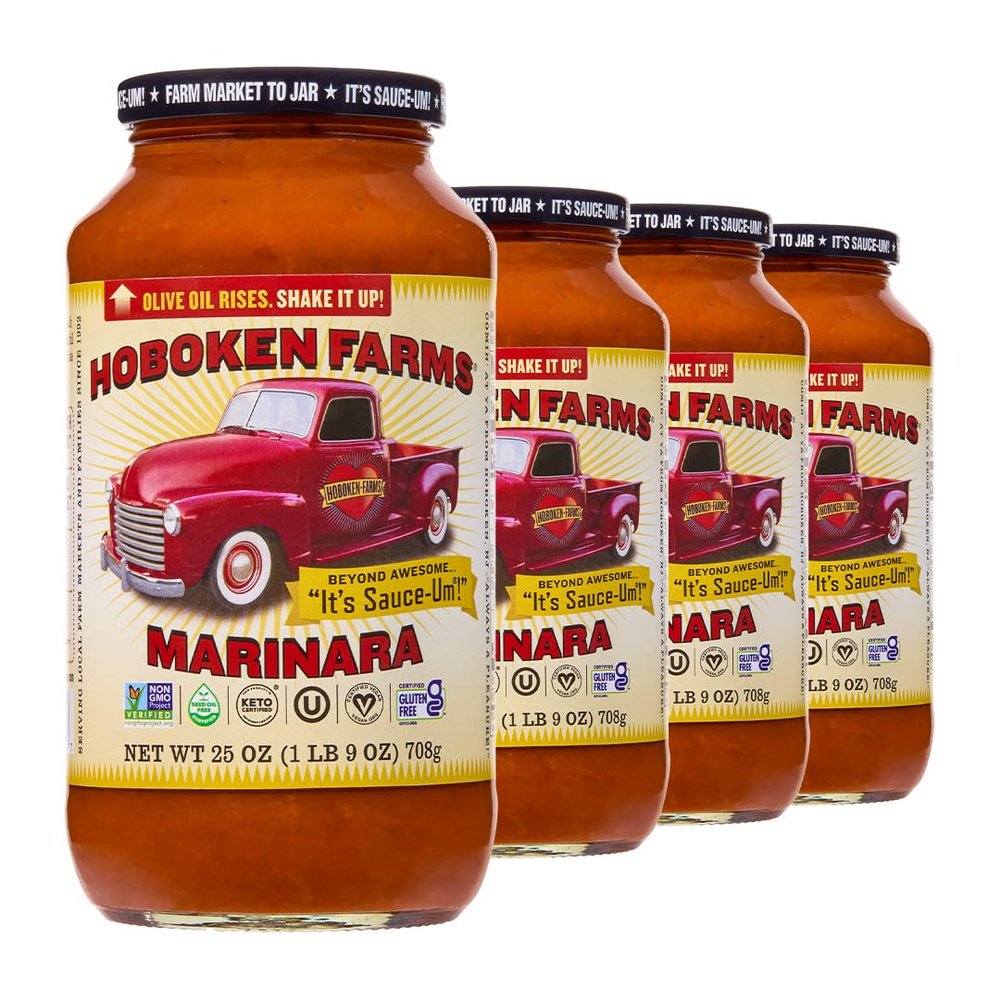 Hoboken Farms Marinara Sauce No Sugar Added, Low Sodium, Non-GMO, Preservative-Free, Low Carb, Keto Better For You Pasta Sauce! (25 Fl Oz, Pack of 4)