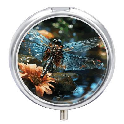 Dragonfly Flying on The Pond Pill Box 3 Compartment Travel Pill Organizer with Mirror Design Portable Pillcase for Pocket Or Purse Round Medicine Case Weekly Medicine Container Holder for Daily Meds