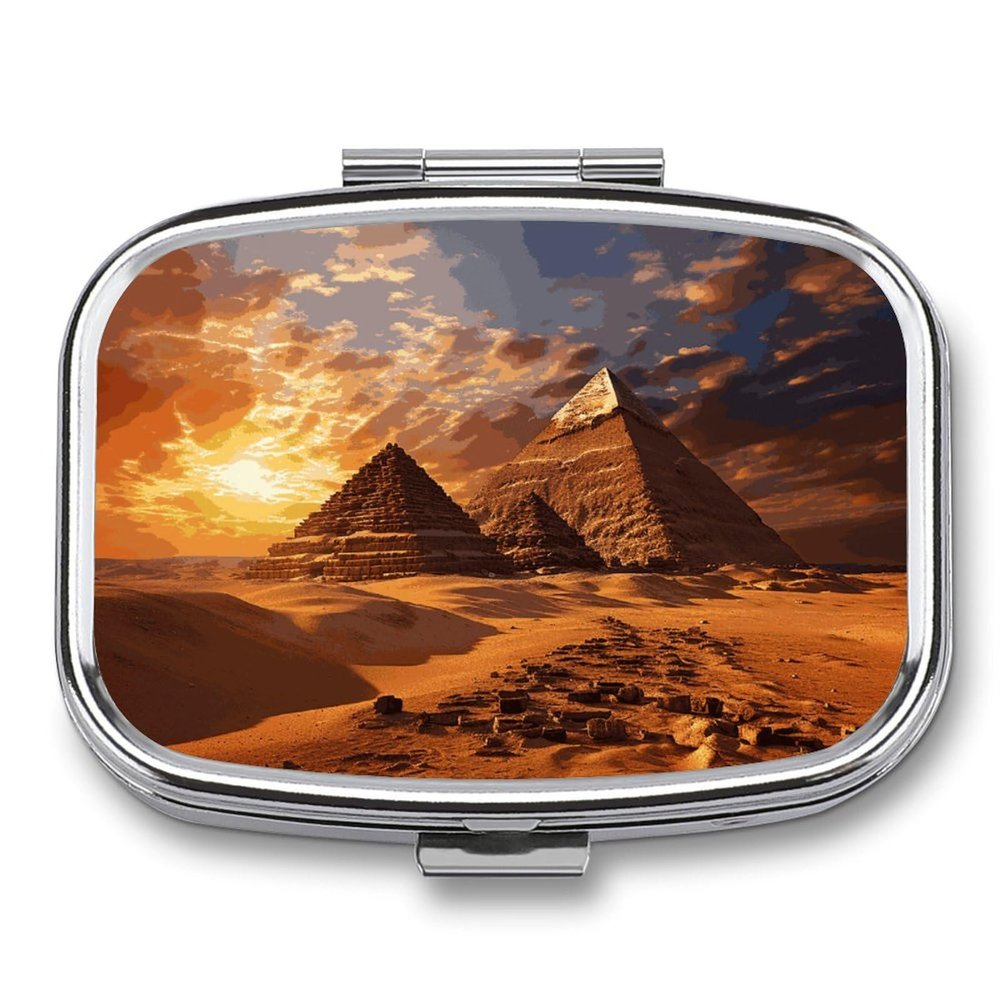 Egyptian Pyramids Pill Box 2 Compartment Travel Pill Organizer with Mirror Design Portable Pillcase for Pocket Or Purse Square Medicine Case Weekly Medicine Container Holder for Daily Meds