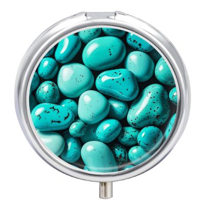 Bright Aqua Blue Turquoise Pill Box 3 Compartment Travel Pill Organizer with Mirror Design Portable Pillcase for Pocket Or Purse Round Medicine Case Weekly Medicine Container Holder for Daily Meds