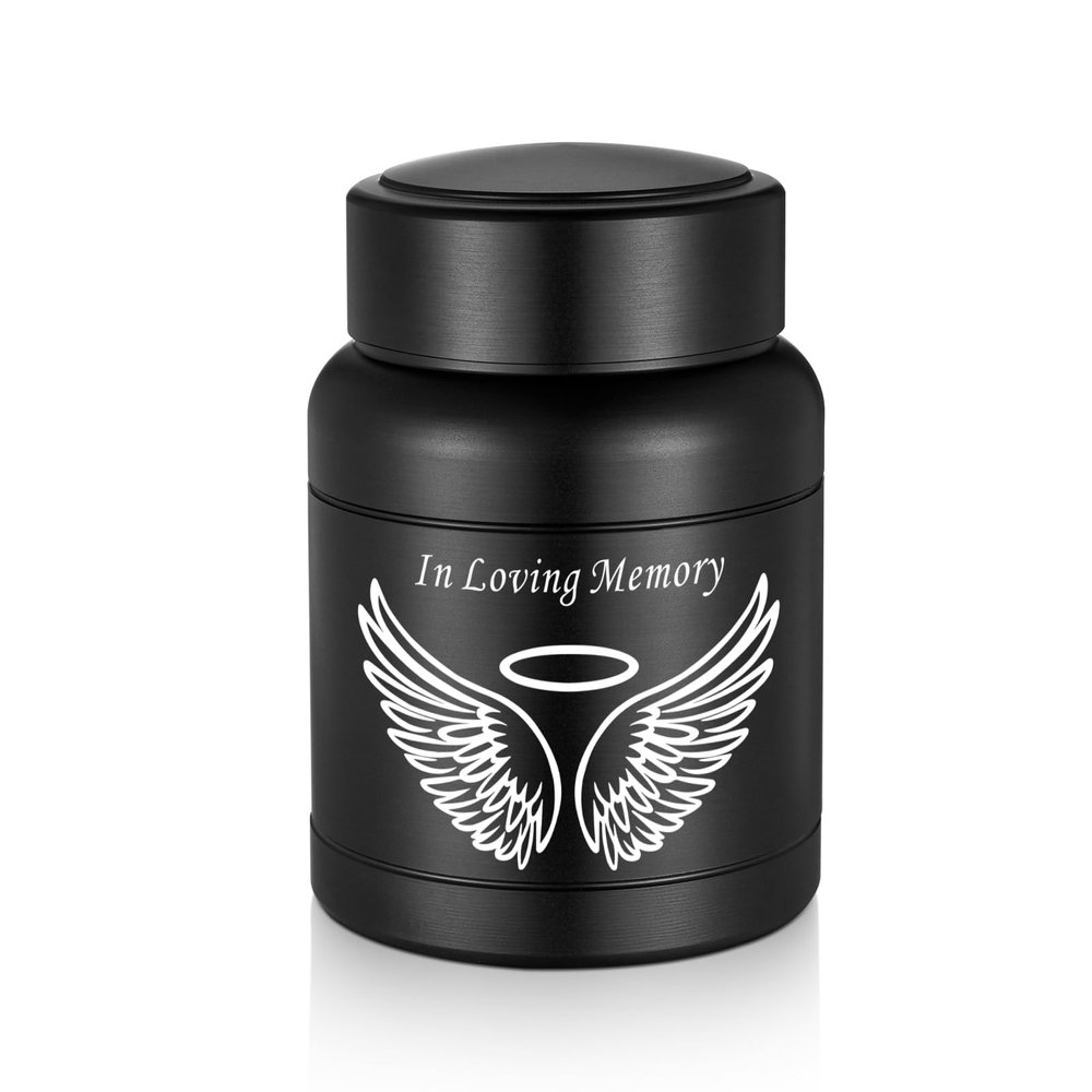 SOITIS Cremation Urn - 3.74 Inch Small Urn for Human Ashes - Elegant Black Aluminum Memorial Keepsake with White Wings Design - Funeral Keepsake for Ashes, Memorial Keepsake Holder