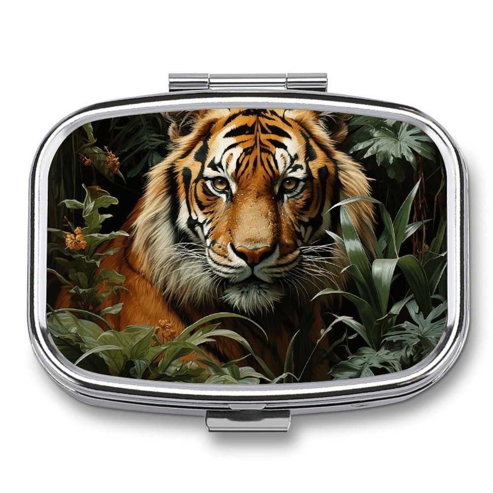 Jungle Tiger Pill Box 2 Compartment Travel Pill Organizer with Mirror Design Portable Pillcase for Pocket Or Purse Square Medicine Case Weekly Medicine Container Holder for Daily Meds