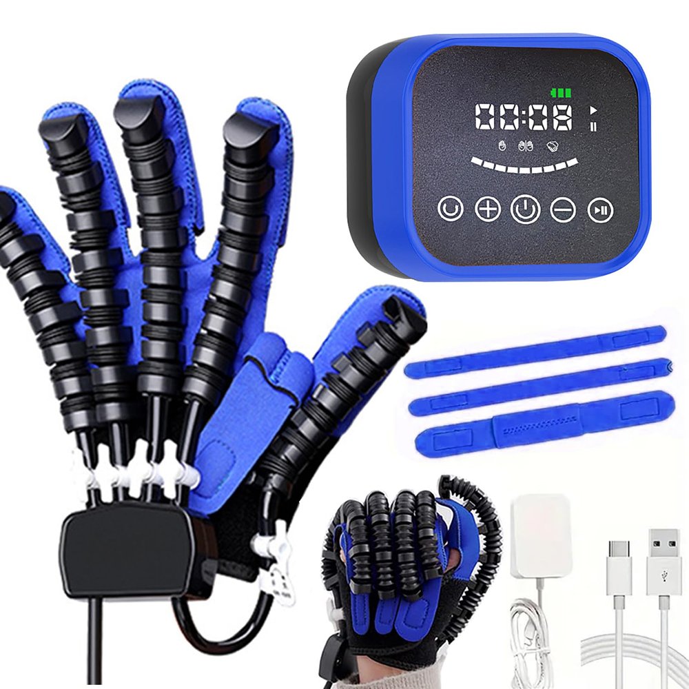 GAOXIAO Hand Function Rehabilitation Robotic Gloves Generations Hemiplegia, Finger Hand Trainer Exercises for Therapy, Stroke Paralysis Arthritis Patient Physical Reabilitech Blue plugin Left XXL